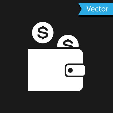 Siyah arka planda izole edilmiş madeni para simgesi olan beyaz cüzdan. Para Cüzdanı. Bozuk para sembolü. Vektör İllüstrasyonu