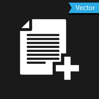 Beyaz Ekle yeni dosya simgesi siyah arkaplanda izole edildi. Belge simgesini kopyala. Vektör İllüstrasyonu