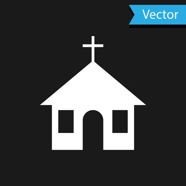 Ícone de construção da igreja branca isolado no fundo preto. Igreja Cristã. Religião da igreja. Ilustração vetorial — Vetor de Stock