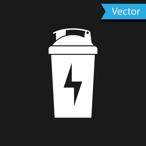 Icono de agitador Fitness blanco aislado sobre fondo negro. Botella agitadora deportiva con tapa para cócteles de agua y proteínas. Ilustración vectorial — Vector de stock