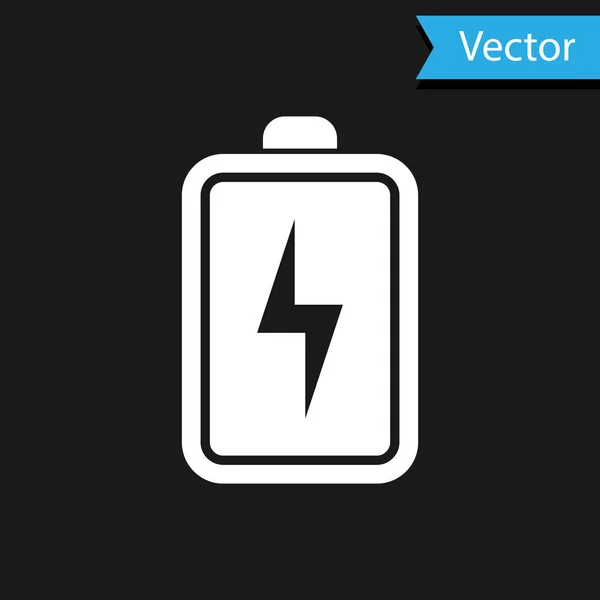 Witte batterij pictogram geïsoleerd op zwarte achtergrond. Bliksemschicht symbool. Vector Illustratie — Stockvector