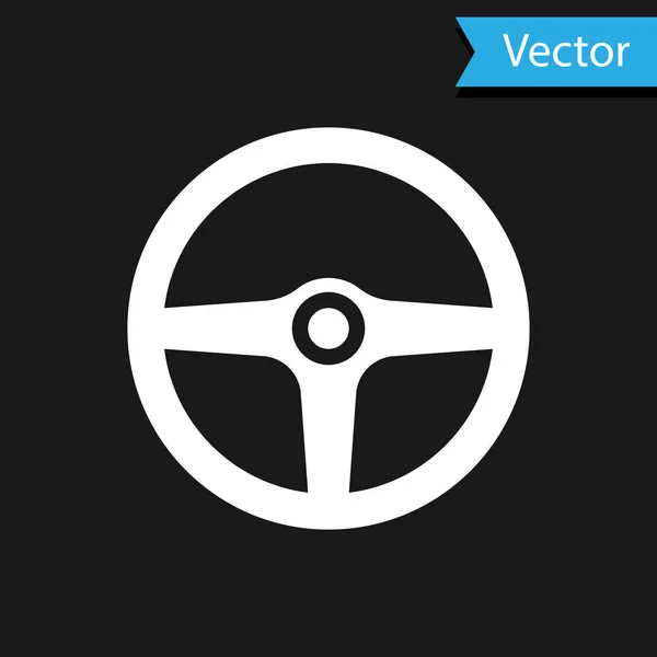 Witte Stuurwiel pictogram geïsoleerd op zwarte achtergrond. Autowiel icoon. Vector Illustratie — Stockvector