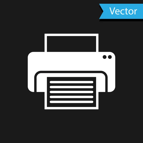 Ícone de impressora branca isolado no fundo preto. Ilustração vetorial — Vetor de Stock