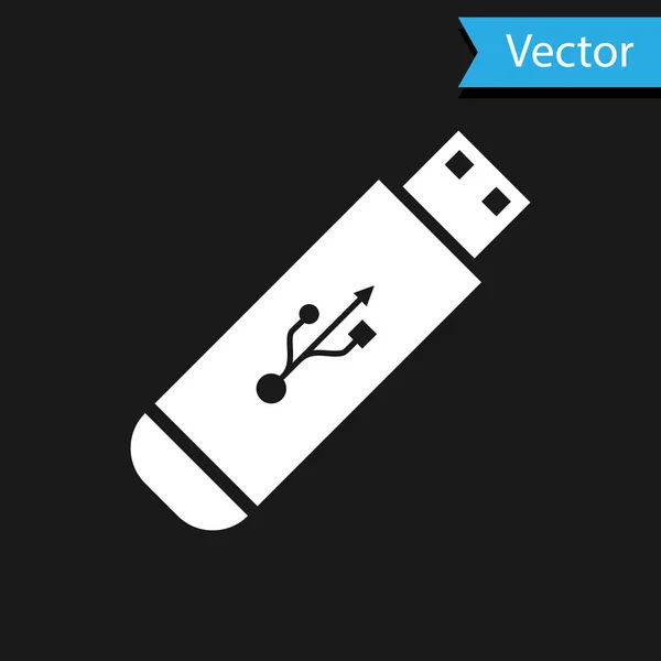 Icona flash drive USB bianca isolata su sfondo nero. Illustrazione vettoriale — Vettoriale Stock