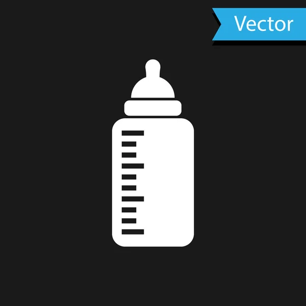 Weiße Babyflasche Symbol isoliert auf schwarzem Hintergrund. Fütterung Flaschensymbol. Milchflaschenschild. Vektorillustration — Stockvektor