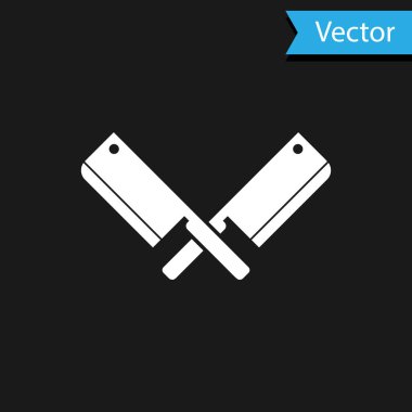 Beyaz Çapraz Et Helikopteri simgesi siyah arka planda izole edildi. Et için mutfak bıçağı. Kasap bıçağı. Vektör İllüstrasyonu