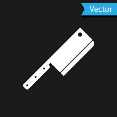 Beyaz Et Helikopteri simgesi siyah arkaplanda izole edildi. Et için mutfak bıçağı. Kasap bıçağı. Vektör İllüstrasyonu