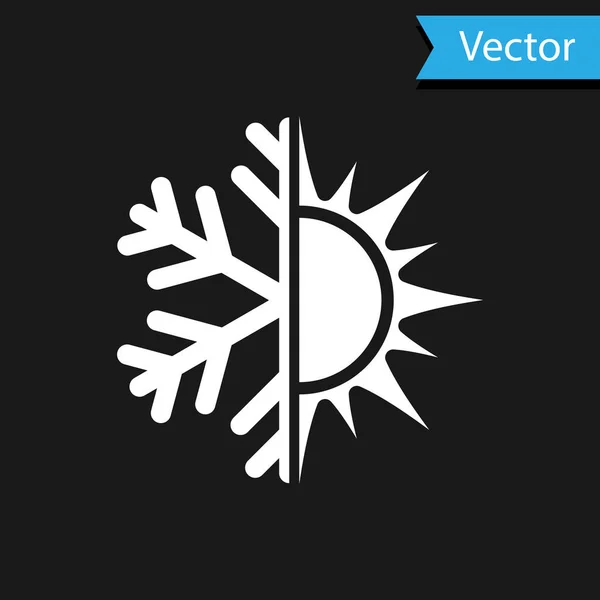 Símbolo blanco caliente y frío. Icono de sol y copo de nieve aislado sobre fondo negro. Símbolo de invierno y verano. Ilustración vectorial — Vector de stock