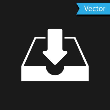 Siyah arkaplanda beyaz indirme gelen kutusu simgesi izole edildi. Vektör İllüstrasyonu