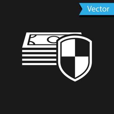 Siyah arka planda beyaz para koruma ikonu. Mali güvenlik, banka hesabı koruması, dolandırıcılığı önleme, güvenli para işlemi, güvenli ödeme. Vektör İllüstrasyonu