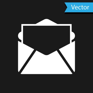 Siyah arkaplanda beyaz posta ve e-posta simgesi izole edildi. Zarf sembolü e-postası. E- posta kodu. Vektör İllüstrasyonu