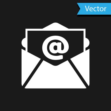 Siyah arkaplanda beyaz posta ve e-posta simgesi izole edildi. Zarf sembolü e-postası. E- posta kodu. Vektör İllüstrasyonu