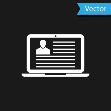 Siyah arkaplanda özgeçmiş simgesi olan beyaz dizüstü bilgisayar. Özgeçmiş başvurusu. Profesyonel personel aranıyor. Personel analizi devam ediyor. Vektör İllüstrasyonu