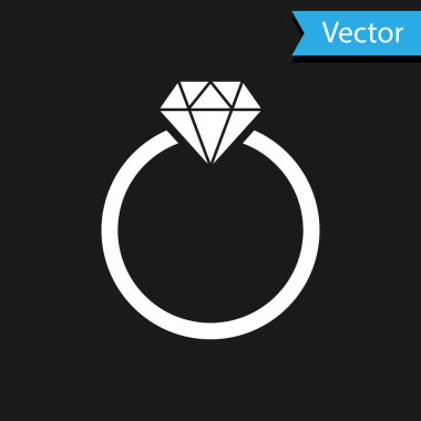 Beyaz Elmas nişan yüzüğü simgesi siyah arka plan üzerinde izole. Vektör İllüstrasyonu