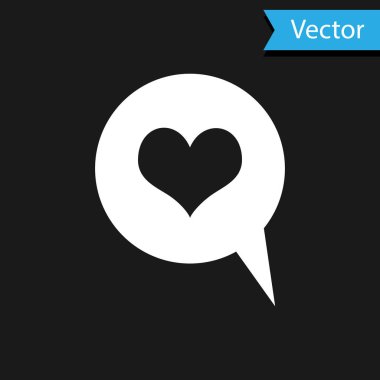 Beyaz Kalp 'in konuşma baloncuğu simgesi siyah arkaplanda izole edildi. Mesaj baloncuğunda kalp şekli. Aşk işareti. Sevgililer Günü sembolü. Vektör İllüstrasyonu