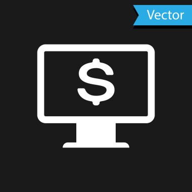 Siyah arkaplanda dolar simgesi olan beyaz bilgisayar monitörü. İnternet finansal güvenlik konsepti, çevrimiçi finans koruması. Vektör İllüstrasyonu