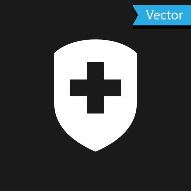 Siyah arka planda çapraz ikonu olan beyaz tıbbi kalkan. Sağlık koruma konsepti. Güvenlik rozeti ikonu. Mahremiyet bayrağı. Güvenlik etiketi. Vektör İllüstrasyonu