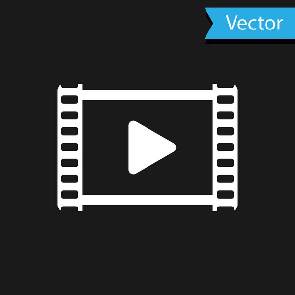 Blanco Reproducir icono de vídeo aislado sobre fondo negro. Película de tira con señal de juego. Ilustración vectorial — Vector de stock