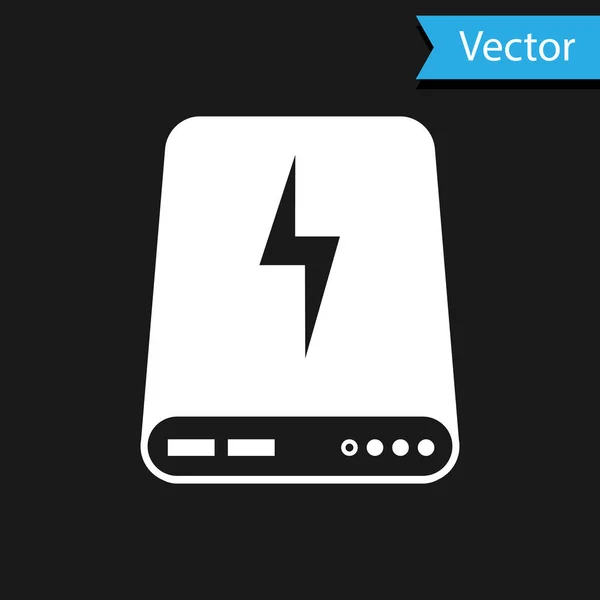 Icono del banco White Power aislado sobre fondo negro. Dispositivo de carga portátil. Ilustración vectorial — Vector de stock