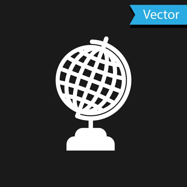 Icono del globo terráqueo blanco aislado sobre fondo negro. Ilustración vectorial — Vector de stock
