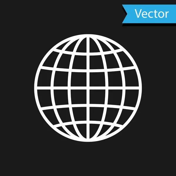 Ícone do globo terrestre branco isolado sobre fundo preto. Ilustração vetorial — Vetor de Stock