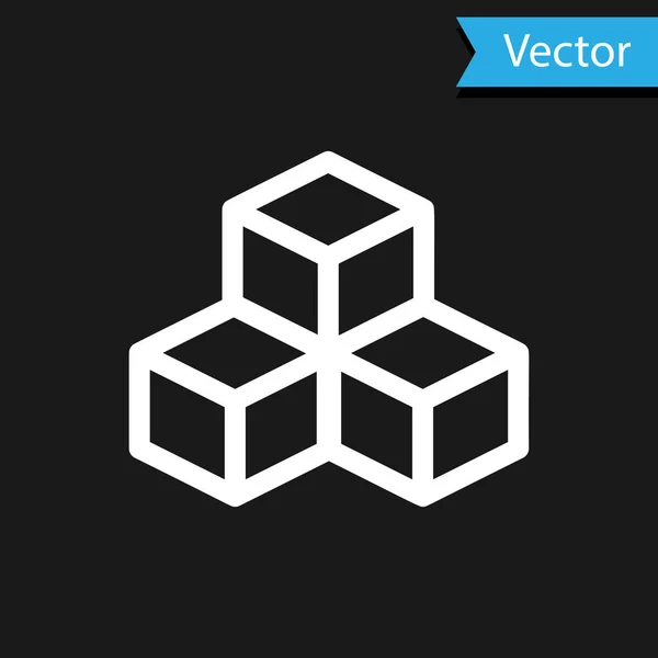 Icona a cubo isometrico bianco isolata su sfondo nero. Cubi geometrici icona solida. Segno quadrato 3D. Simbolo scatola. Illustrazione vettoriale — Vettoriale Stock