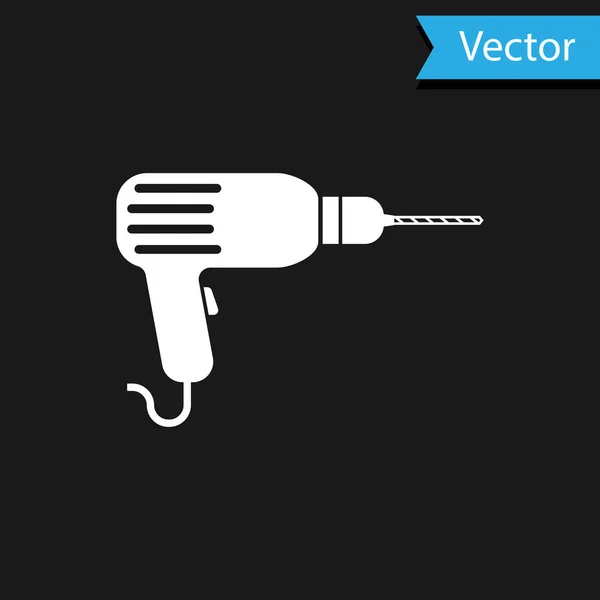 White Drill machine icon isolated on black background. Vector Illustration — Stock Vector