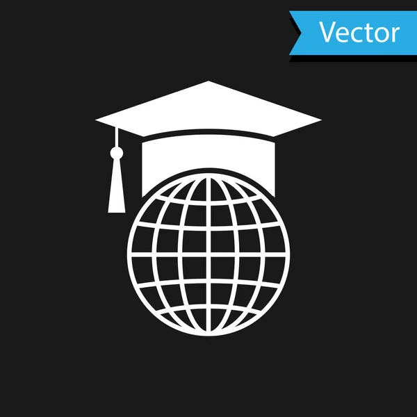 Gorra de graduación blanca en el icono del globo aislado sobre fondo negro. Símbolo de educación mundial. Concepto de aprendizaje en línea o aprendizaje electrónico. Ilustración vectorial — Vector de stock