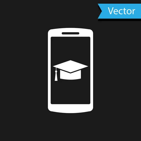 Белый выпускной колпачок на экране смартфона значок изолирован на черном фоне. Онлайн-обучение или концепция электронного обучения. Векторная миграция — стоковый вектор
