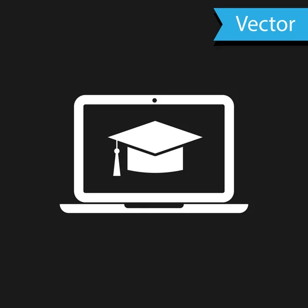 Tapa de graduación blanca en el icono de la computadora portátil de pantalla aislada sobre fondo negro. Concepto de aprendizaje en línea o aprendizaje electrónico. Ilustración vectorial — Vector de stock