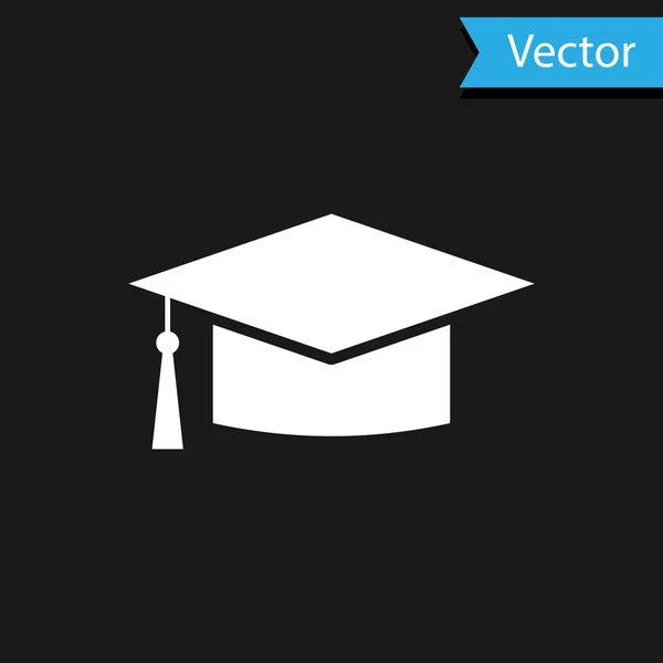 Icono blanco de la tapa de graduación aislado sobre fondo negro. Sombrero de graduación con icono de borla. Ilustración vectorial — Vector de stock