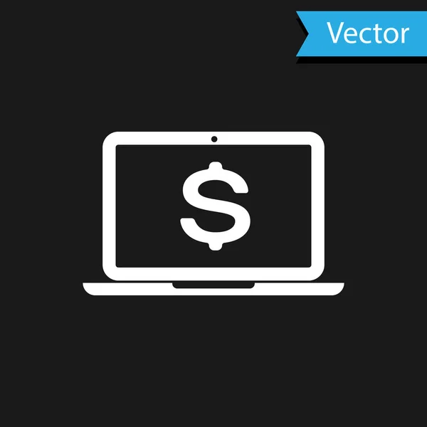 Laptop branco com símbolo de dólar ícone isolado no fundo preto. Conceito de compras online. Conceito de economia. Ilustração vetorial — Vetor de Stock