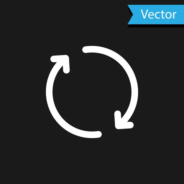 Значок White Refresh выделен на черном фоне. Символ перезагрузки. Стрелки вращения в знаке круга. Векторная миграция — стоковый вектор