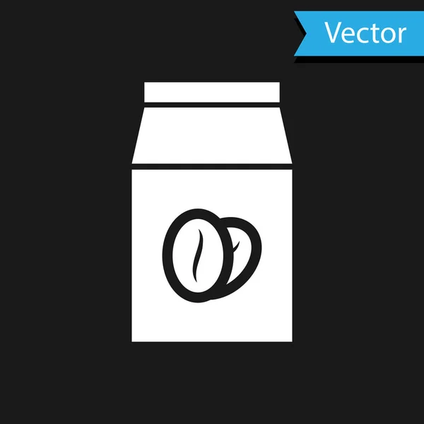 Granos de café blanco en bolsa icono aislado sobre fondo negro. Ilustración vectorial — Vector de stock