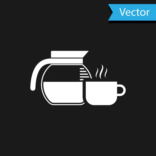 Cafetera blanca con icono de taza aislada sobre fondo negro. Ilustración vectorial — Vector de stock