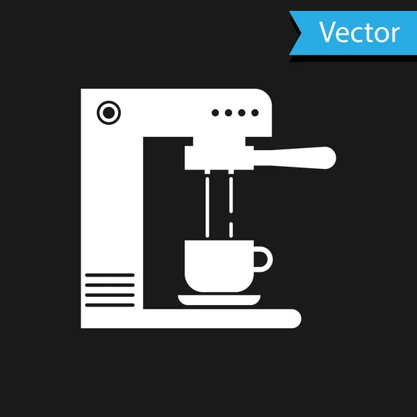 Máquina de café branco e ícone xícara de café isolado no fundo preto. Ilustração vetorial — Vetor de Stock