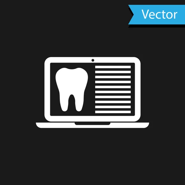 Laptop branco com cartão dental ou paciente ícone de registros médicos isolados em fundo preto. Seguro dentário. Relatório da clínica dentária. Ilustração vetorial — Vetor de Stock