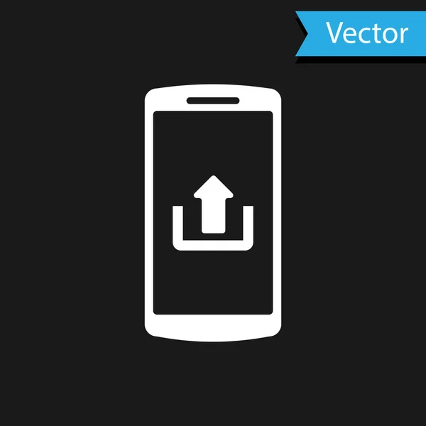 Bílý Smartphone s ikonou upload izolované na černém pozadí. Vektorová ilustrace — Stockový vektor