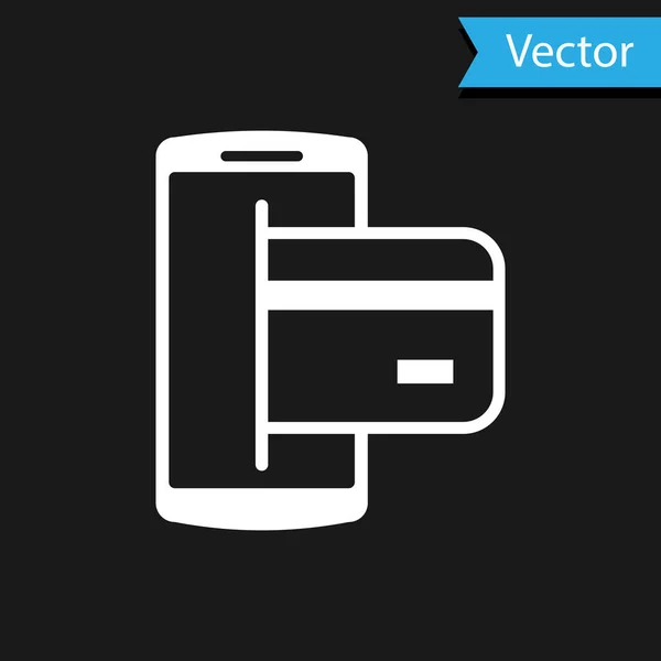 Icono de pago blanco NFC aislado sobre fondo negro. Pago móvil. Concepto de smartphone NFC. Icono de transferencia. Ilustración vectorial — Vector de stock