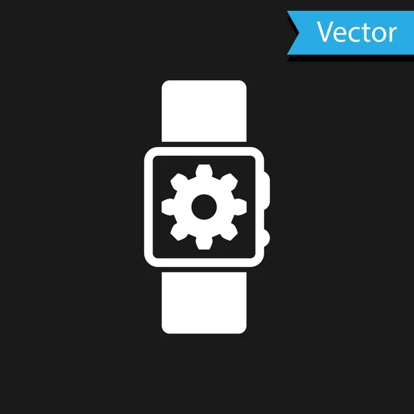 Icono de ajuste de reloj inteligente blanco aislado sobre fondo negro. Configuración de reloj inteligente. Ilustración vectorial — Archivo Imágenes Vectoriales