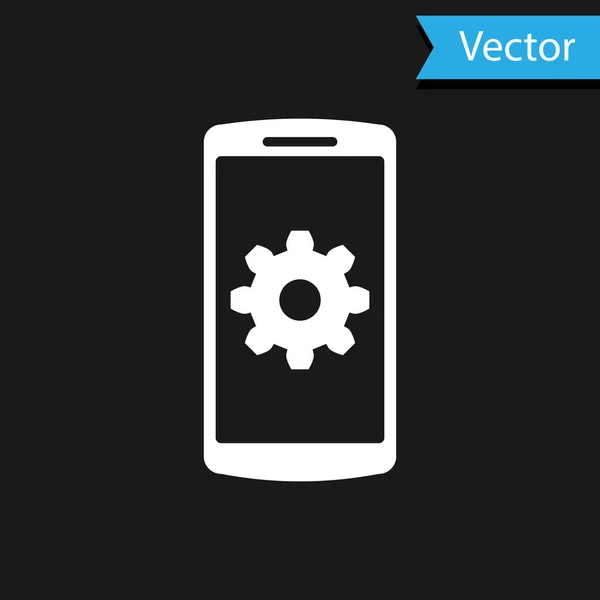 Configuración blanca en el icono de la pantalla del teléfono inteligente en el fondo negro. Teléfono móvil y señal de marcha. Ajuste de la aplicación, opciones de configuración, reparación, fijación de conceptos de teléfono. Ilustración vectorial — Vector de stock