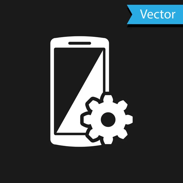 Siyah arkaplanda akıllı telefon ekranı simgesinde beyaz ayar. Cep telefonu ve dişli levhası. Uygulama ayarlanıyor, seçenekler belirleniyor, tamir ediliyor, telefon kavramlarını düzeltiliyor. Vektör İllüstrasyonu — Stok Vektör