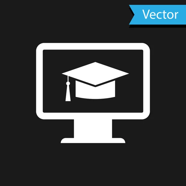 Monitor de ordenador blanco con icono de la tapa de graduación aislado sobre fondo negro. Concepto de aprendizaje en línea o aprendizaje electrónico. Símbolo de conocimiento de Internet. Ilustración vectorial — Vector de stock