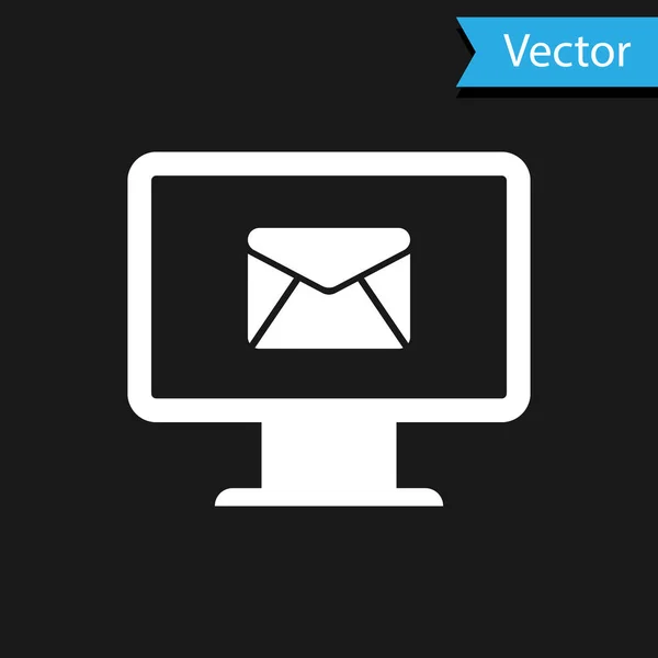 Weißer Computermonitor und Umschlag, neue Nachricht, Post, E-Mail-Symbol isoliert auf schwarzem Hintergrund. Verwendung für E-Mail-Newsletter, Kopfzeilen, Blog-Posts. Vektorillustration — Stockvektor