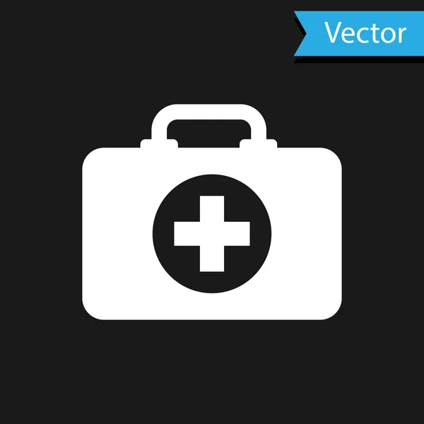 Icona kit di pronto soccorso bianco isolato su sfondo nero. Scatola medica con croce. Attrezzature mediche per l'emergenza. Concetto sanitario. Illustrazione vettoriale — Vettoriale Stock