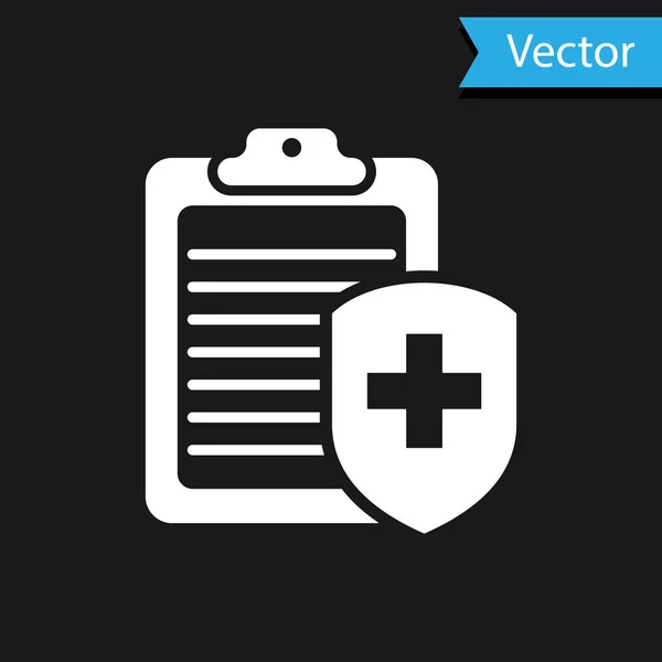 Weißes Klemmbrett mit Krankenversicherungssymbol auf schwarzem Hintergrund. Patientenschutz. Klemmbrett und Schild mit einem Kreuz als Symbol Versicherung. Vektorillustration — Stockvektor