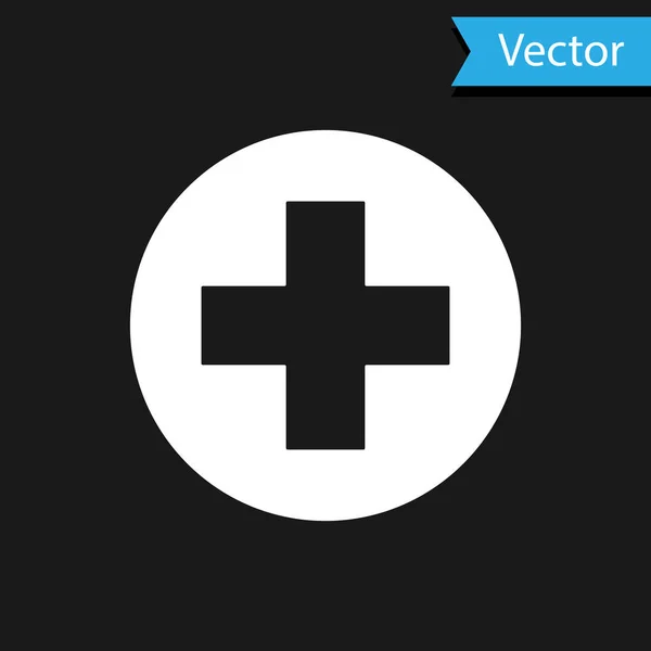 Croix médicale blanche en cercle icône isolée sur fond noir. Symbole médical de premiers secours. Illustration vectorielle — Image vectorielle
