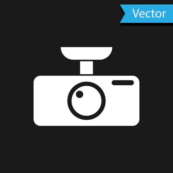 Icono DVR coche blanco aislado sobre fondo negro. Icono de grabadora de vídeo digital para coche. Ilustración vectorial — Vector de stock