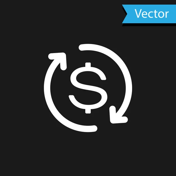 Blanco Icono de retorno de la inversión aislado sobre fondo negro. icono de conversión de dinero. Firma de reembolso. Concepto de convertidor de dólar. Ilustración vectorial — Vector de stock