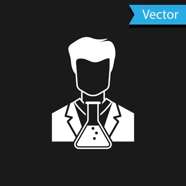 Científico blanco e icono del tubo de ensayo aislados sobre fondo negro. Científico químico analiza frasco de laboratorio. Ilustración vectorial — Vector de stock